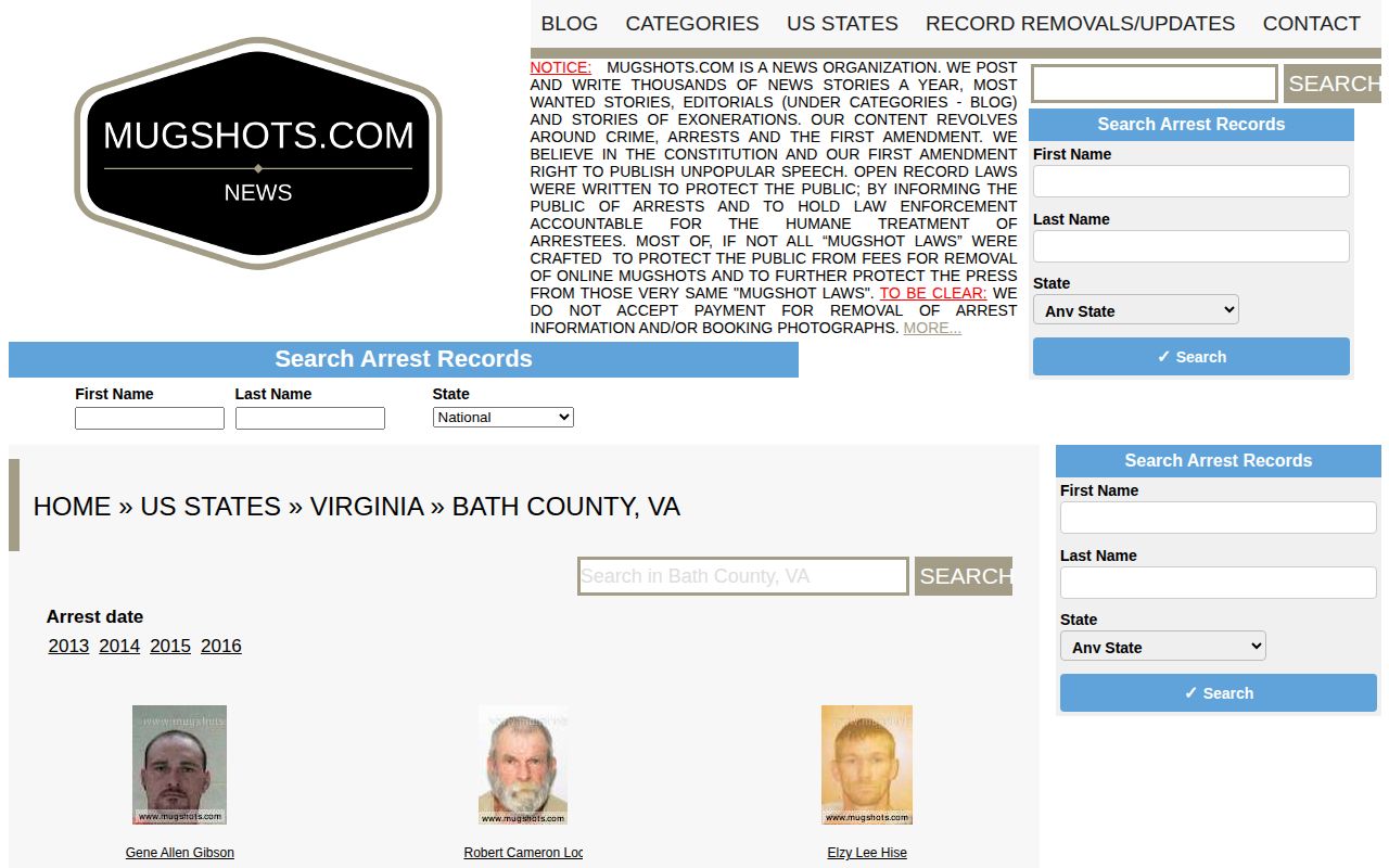 Bath County historical Mugshots.com archive interface