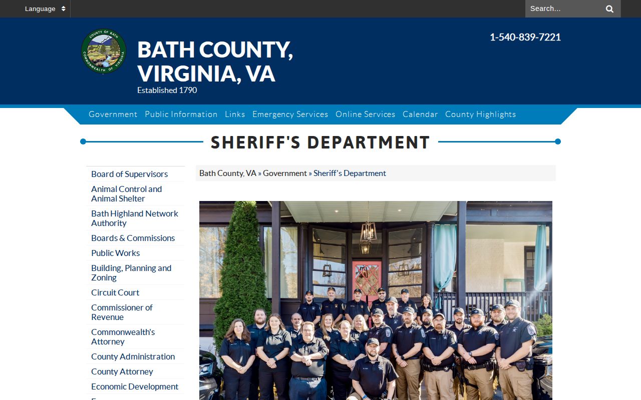 Bath County Sheriff's Department contact page for adult booking record requests