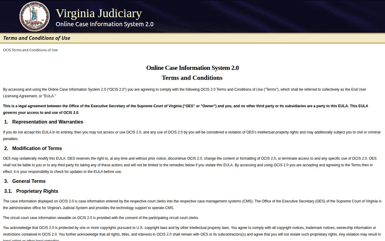 Virginia OCIS adult case search interface for Bath County case disposition research