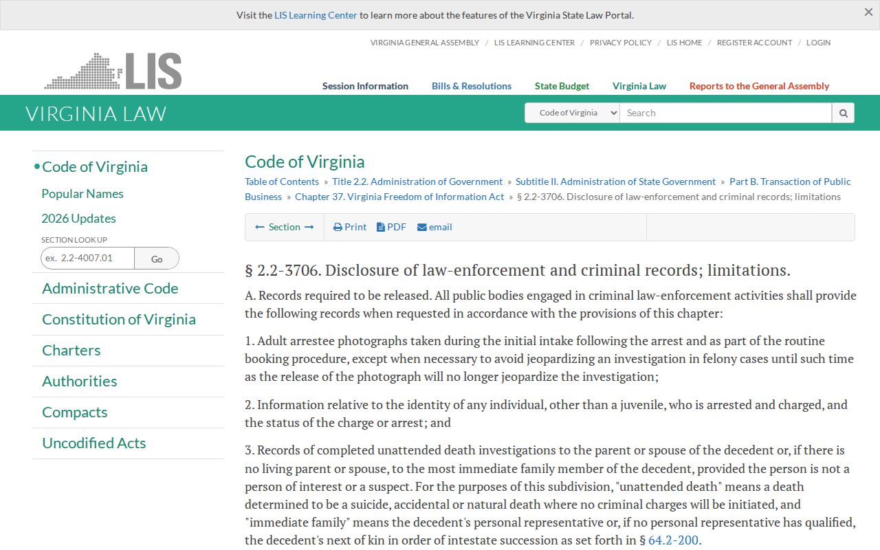 Bath County adult booking photo law at Virginia Code section 2.2-3706