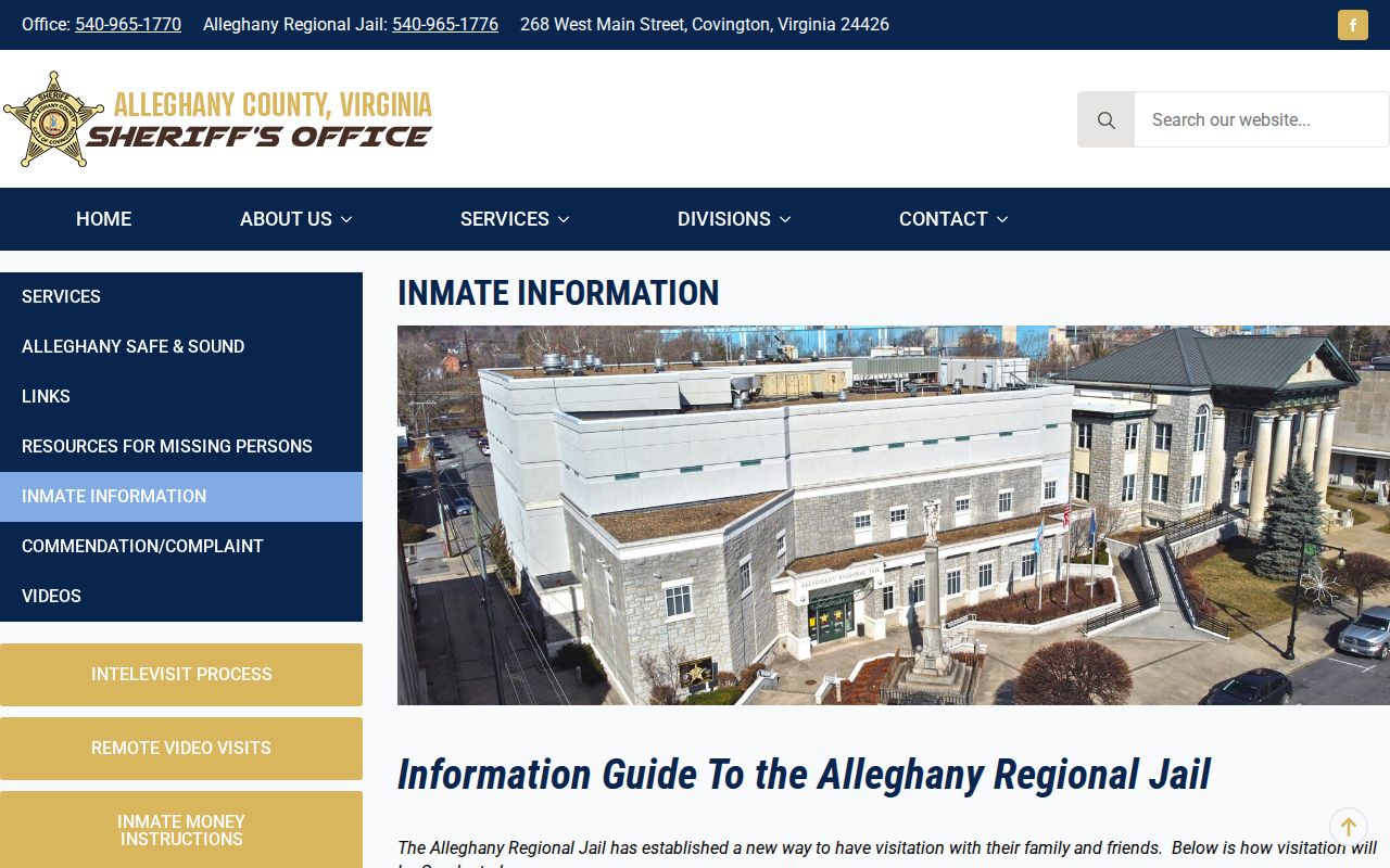 Bath County regional jail inmate information page with no local booking roster