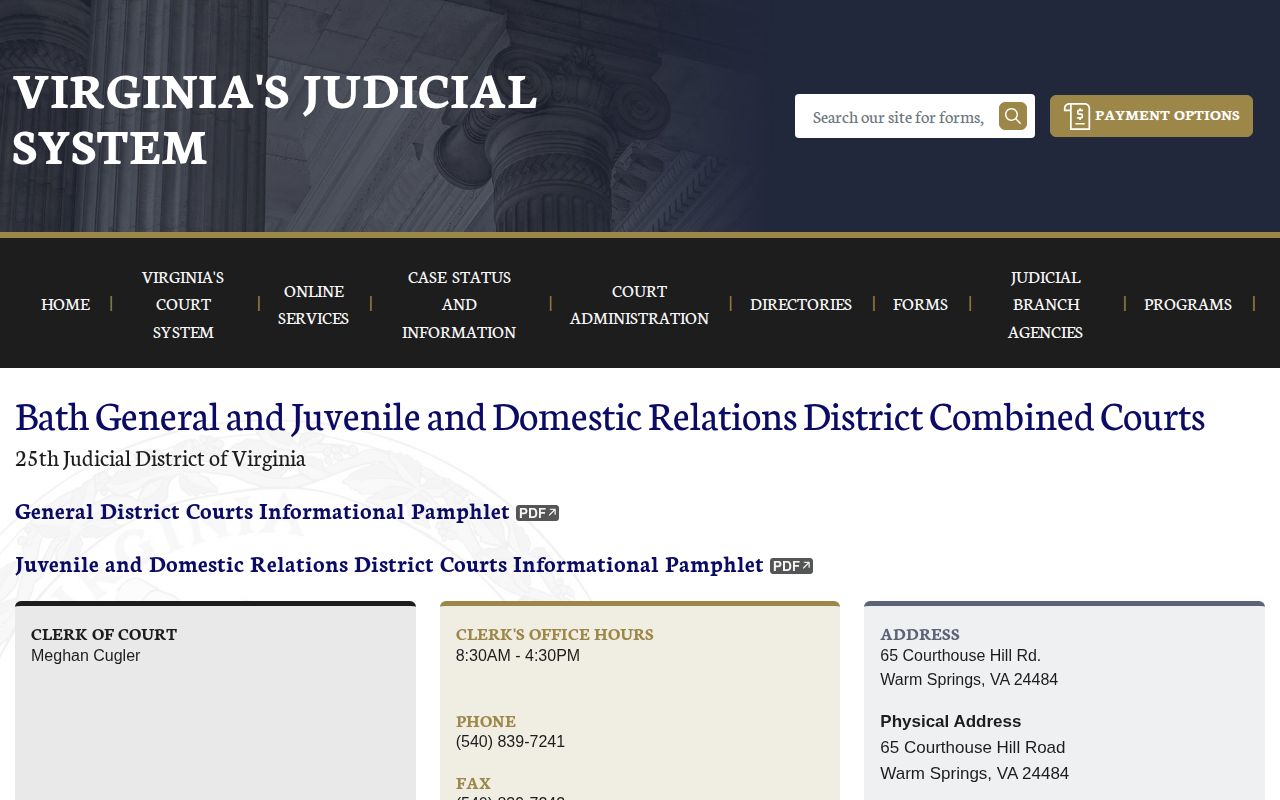 Bath County Combined Courts page for adult booking case disposition